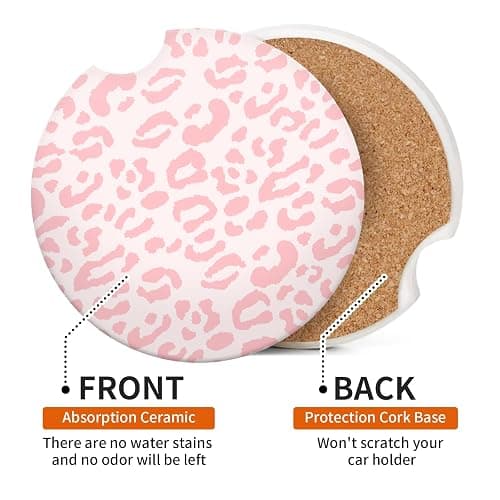 Absorbent Car Cupholder Coaster 2 Pack,Ceramic Stone with a Finger Notch for Women & Lady,Cork Base Drink Coasters 2.56 Inch,Cute Auto Accessories Gifts（Pink Leopard） thumbnail 5