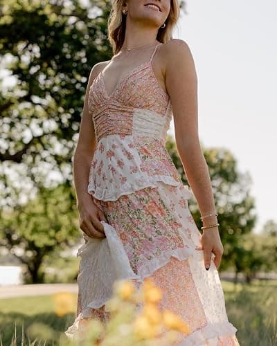 Women Y2k Floral Smocked Maxi Dress Bow Tie Shoulder Tiered Ruffle Midi Sun Dress Boho Casual Beach Long Dresses thumbnail 3
