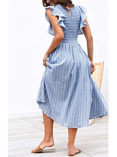 Miessial Womens Summer Smocked Midi Dress Casual Flutter Sleeve Long Boho Flowy A Line Church Modest Dresses with Pockets thumbnail 3