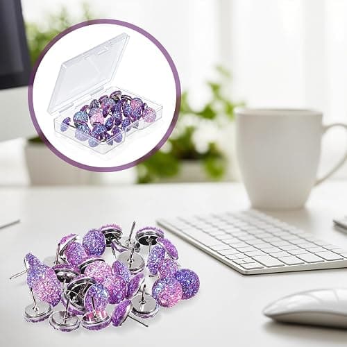 30Pcs Decorative Thumb Tacks, Glitter Rhinestone Purple Push Pins, 0.45” Shiny Diamond Thumb Tacks, Cute Push Pins for Corkboard, Home Office Supplies thumbnail 6