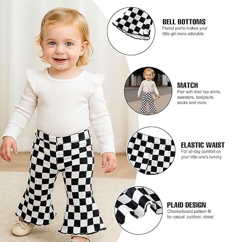 SOBOWO Checkered Baby Girl Flare Pants 3 Pack Toddler Bell Bottoms Plaid Ruffle Leggings Pants Fall Winter Outfits Size 6M-4T thumbnail 2