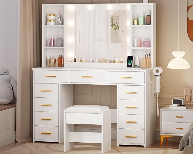 ANWBROAD White Vanity Desk with Mirror and Lights Makeup Vanity Desk with Power Outlet 11 Drawers 9 Shelves Hair Dryer Stand 3 Color Lighting Modes Vanity Table with Stool for Bedroom Women UBDT86W thumbnail 8