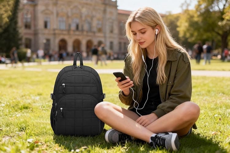 CLOKARS Quilted Laptop Backpack for Women, College Bookbag with Tumbler Holder Pocket for Nurse Teacher Work Travel, Puffer School Backpack for Teen Girls Big Student, Black thumbnail 2