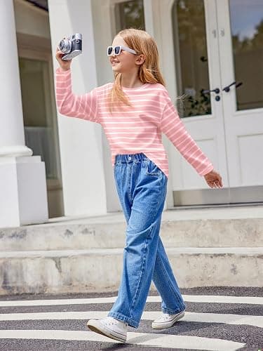 Arshiner Girls Striped Long Sleeve Shirts Drop Shoulder Casual Fashionable Crewneck Blouse Tee Tops thumbnail 5