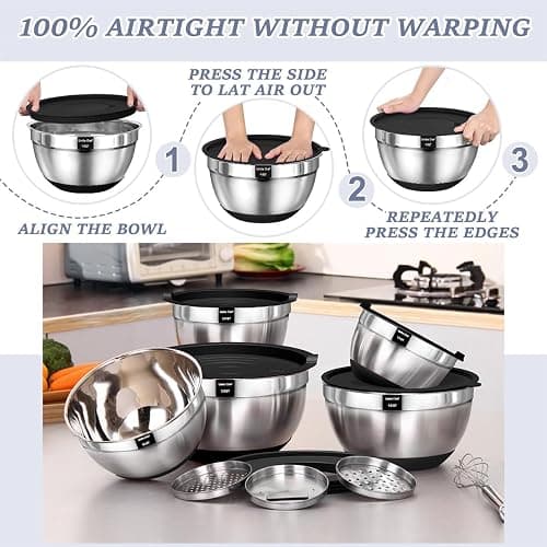 Umite Chef Mixing Bowls with Airtight Lids, 8PCS Stainless Steel Nesting Mixing Bowls Set, 3 Grater Attachments & Non-Slip Bottoms, Black Kitchen Bowls, Size 5, 4, 3.5, 2, 1.5QT for Baking & Serving thumbnail 6