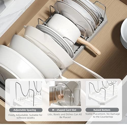 Silanit Expandable Pot and Pan Organizer Rack for Kitchen Cabinet or Under Sink, Adjustable Lid Holder with 7 Dividers, Space-Saving Storage for Renters, Small Homes, and Busy Cooks, White thumbnail 5