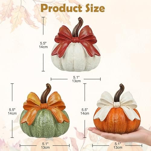 Set of 3 Fall Decorations for Home, Artificial Resin Pumpkin with Bow Decor | Fall Harvest Decorative Rustic Pumpkins Statues Indoor Outdoor Halloween Table Centerpiece Thanksgiving Home Decor thumbnail 3