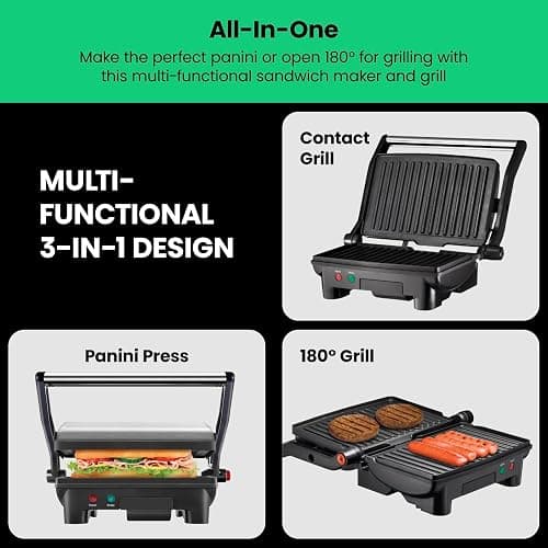 Chefman Electric Panini Press Grill and Gourmet Sandwich Maker w/ Non-Stick Coated Plates, Opens 180 Degrees to Fit Any Type or Size Food, Dishwasher Safe Removable Drip Tray, Stainless Steel/Black thumbnail 5