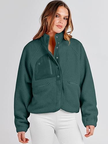 ANRABESS Womens Fuzzy Fleece Jacket Fall Casual Long Sleeve Cropped Sherpa Button Down Shacket Coats Outwear With Pockets thumbnail 3