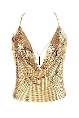 Gold Sexy Tops for Women Sparkly Deep V Neck Crop Tank Tops Cami Body Chain Top - Image 1