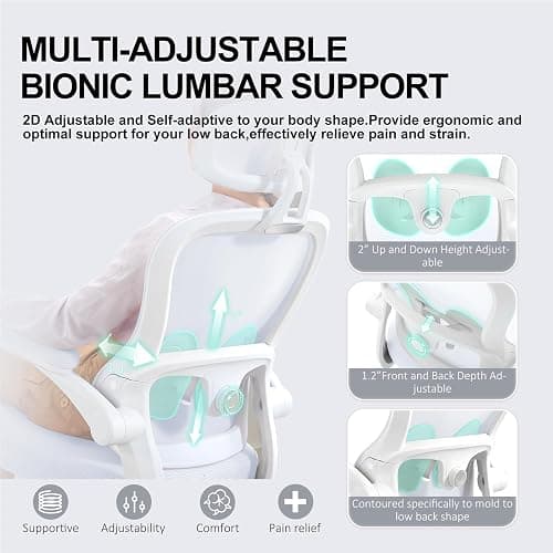 TUKAKA Ergonomic Office Chair,Ultra Thick Spring Cushion Desk Chair,White | Adjustable Lumbar Support and Headrest,Flip-up Arms,Rocking Function,Mesh Home Office Computer Chair thumbnail 4