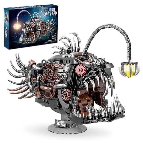 PLAYBRIX Mechanical Lantern Fish Building Sets for Adults, Compatible with Lego, Creative Ocean Animal Toy for Home Office Decor, STEM Gift for Boys 8-14 - Image 1