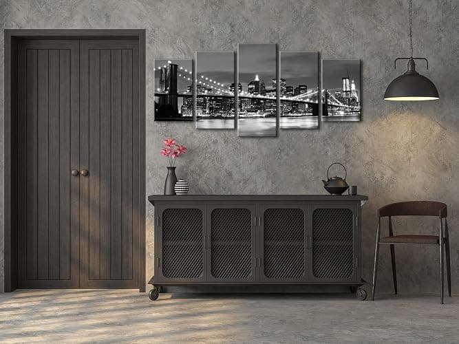Wieco Art New York Brooklyn Bridge Canvas Wall Art Night View 5 Panels Modern Landscape Artwork Canvas Prints Abstract Pictures to Photo Canvas Wall Decor for Home & Office Decorations thumbnail 4