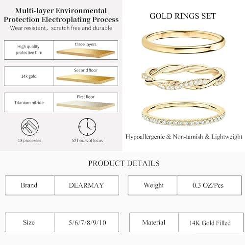 DEARMAY Stackable Gold Plated Rings for Women Non Tarnish, Dainty 14K Gold Diamond Rings Set Thumb Fashion Thin Cubic Zirconia Pack Simple Unique Statement Rings Jewlery 5/6/7/8/9/10 thumbnail 5
