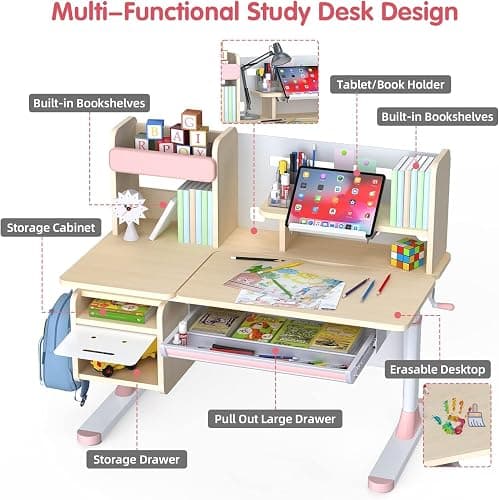 FCD Wood Adjustable Height Kids Study Desk with Chair, Reading Homework Drawing Table Computer Station Built-in Bookshelf Hutch, Tablet Holder, Tiltable Desktop and Storage Drawer (Pink, Wood of Fir) thumbnail 6