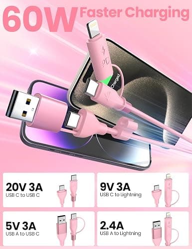 Pink Coiled Car Charging Cable 2-in-1 (USB-C & Lightning), 3FT Cute Car Accessories for iPhone 17/16/15, Samsung Galaxy — Supports Apple CarPlay & Android Auto thumbnail 3