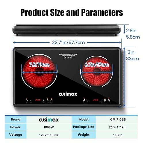 Electric Stove,Cusimax Electric Hot Plate for Home,9 Temperature and 1800w Power Level,Double Infrared Burner with Sensor Touch,Kids Safety Lock,Timer,Ceramic Countertop Stove thumbnail 2