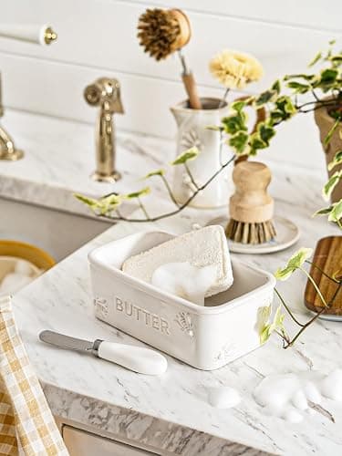 LE TAUCI Butter Dish with Lid for Countertop, Ceramic Butter Container, Embossed Butter Keeper with Acacia Wood lid, Knife, and Airtight Cover, Farmhouse Decor - Set of 1, Arctic White, Bee Pattern thumbnail 8