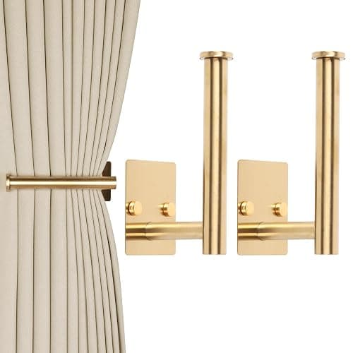 OCIOLI 2 Pack No Drill Curtain Holdbacks - Self-Adhesive/Screw-in Metal Curtain Tie Backs with Rustproof SUS304 Steel, Wall Mount Drapery Hooks, Damage-Free Installation for All Curtains (2, Gold) - Image 1