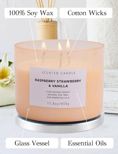 Raspberry Strawberry Vanilla 3 Wick Candle - Large 15.8 oz Soy Scented Candle, Strong Throw & Long Lasting - Fruity Berry Vanilla Candle - Aromatherapy Gift Candle for Home thumbnail 5