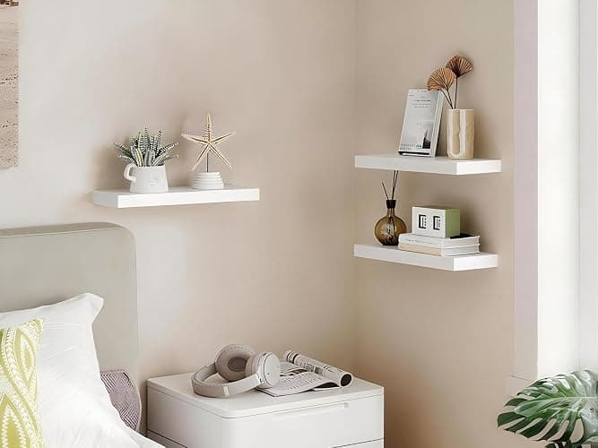 BAYKA White Floating Shelves for Wall, Set of 3, Rustic Wood Wall Shelves with Metal Brackets for Bathroom, Bedroom, Kitchen, or Living Room Decor Organization, Sturdy Storage with 22lb Capacity thumbnail 2