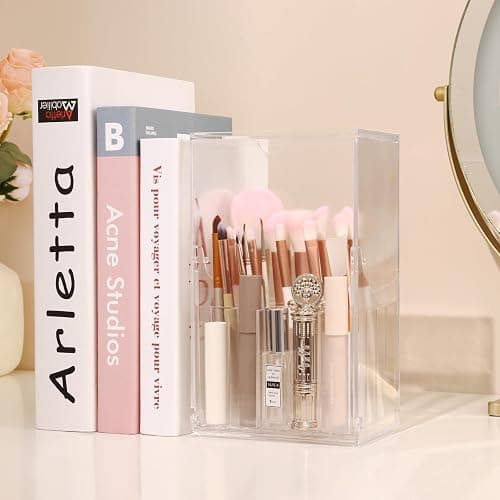 LOHRYVIO Acrylic Makeup Brush Holder with Slanted Flip-Top Lid - Clear Dustproof Cosmetic Make up Brush Organizer and Storage Box - Large Capacity 17-Slots Container for Vanity Brushes (Transparent) thumbnail 7