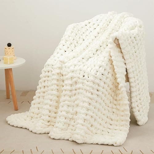 Mooreeke Chunky Knit Blanket 40"x50" White Cream Soft Washable Chenille Throw Blanket Cozy 100% Handmade Crochet Blankets with Jumbo Chenille Yarn for Couch Bed Sofa Room Decor - Image 1