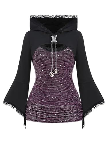 ROSE GAL Women Plus Size Gothic Punk Lace Panel Bell Sleeves Chains Hooded Strug and Textured Tank Top Set - Image 1