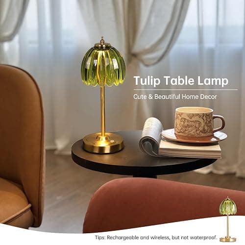 Shenmoyl Tulip Table Lamp with 5000mAh Battery & Touch Control, Cordless Small Table Lamp with 3 Colors, Dimmable Rechargeable Table Lamps for Living Room, Bedroom, Bedside, Nightstand (Green Tulip) thumbnail 5