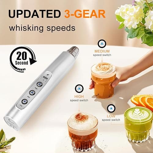 YUSWKO Rechargeable Milk Frother Handheld with 3 Heads, Silver Coffee Electric Whisk Drink Foam Mixer, Mini Hand Stirrer with 3 Speeds Adjustable for Latte, Cappuccino, Hot Chocolate, Egg thumbnail 4
