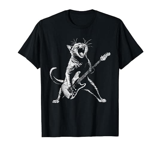 Retro funny guitar cat rock cat playing guitar T-Shirt - Image 1