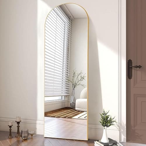 DUMOS Arched Full Length Mirror with Stand 64"x21" Floor Standing Aluminum Frame for Bedroom Body Hanging Leaning Modern Simple Home Decor Shatter-proorf Nano Glass Wall Living Room Cloakroom Gold - Gold-arched - 64"L x 21"W thumbnail 2