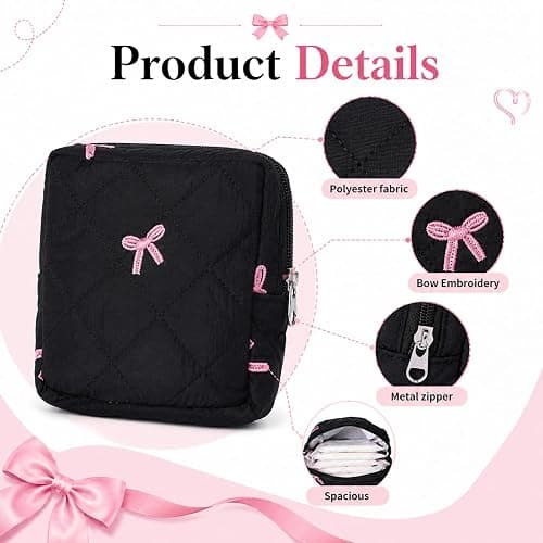 Portable Period Bag for Teen Girls, Quilted Sanitary Napkin Storage Bag Cute Bow Period Pouch for Pads Reusable Menstrual Pad Bags with Zipper Sanitary Napkin Storage Pouch First Gift for Women(Black) thumbnail 3