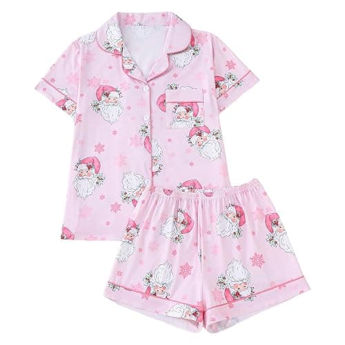 Christmas Pajamas For Women Set,Button Down Short Sleeve Shirts And Shorts Set Soft Casual Cute Xmas Print Pjs Sleepwear - Image 1