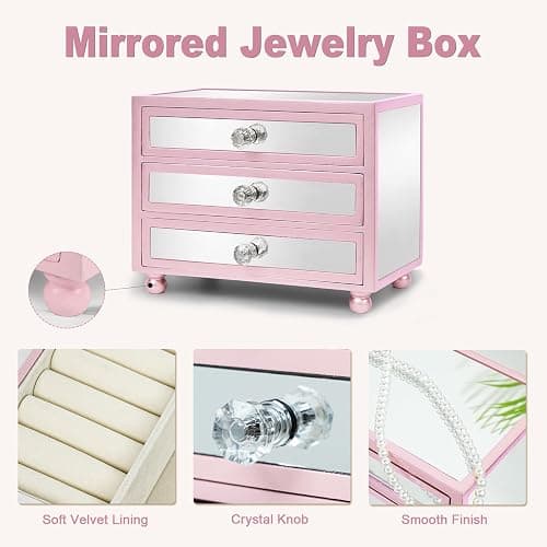 Gifturbo Pink Jewelry Box for Women Girl Wife 3 Layers Large Mirror Glass Jewelry Organizer Storage Case with Three Drawers Display for Earrings Bracelets Rings Watches thumbnail 4