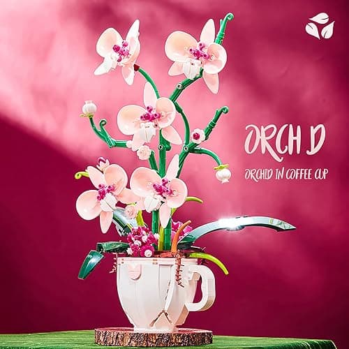 iixeal Pink Orchid Flower Building Set for Adults, Coffee Cup Orchid Botanical Collection Plant Building Kit, Home and Office Decor Gift for Christmas Day, Valentines, Birthday 567pcs thumbnail 6
