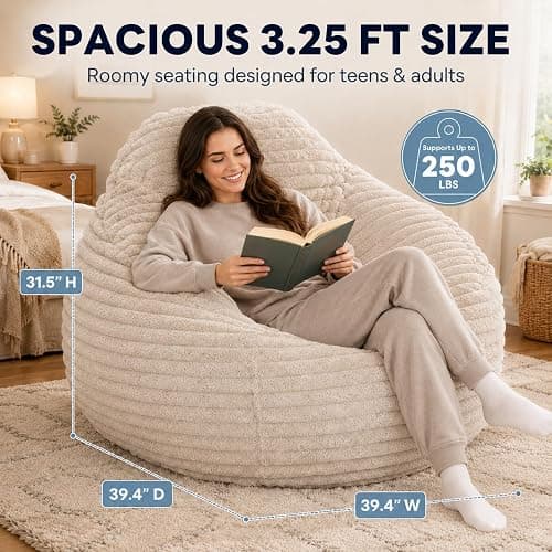Simple Deluxe 3.25 ft Faux Fur Memory Foam Bean Bag Chair, Large Comfy Lazy Chair for Adult with Memory Foam Filled & Washable Cover, Perfect for Reading Gaming in Living Room Bedroom, Taupe thumbnail 2