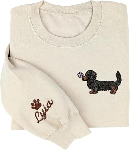 Personalized Embroidered Dachshund Quarter Zip Sweatshirt with Dog Name on Sleeve, Crewneck Sweatshirt, Wiener Dog Gift, Dachshunds Sweater for Women thumbnail 5