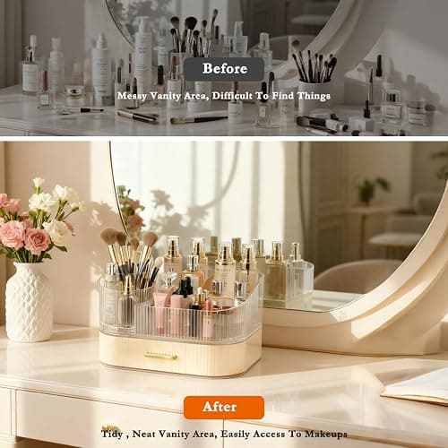 ShinyDew Makeup Organizer Countertop with 360 Rotating Brush Holder, Make Up Organizers For Vanity With Drawer, Bathroom Countertop Skincare Organizer And Storage thumbnail 5
