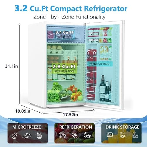 COWSAR 3.2 Cu.Ft Mini Fridge with Freezer for Bedroom Dorm, White | Single Reversible Door, 7 Temperature Settings, Energy Saving, 2 Removable Glass Shelves, Small Refrigerator for Apartment thumbnail 2