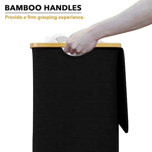 SpaceAid Laundry Hamper with Lid, 110L Large Tall Clothes Basket Bin with Bamboo Handles, Collapsible Laundry Hamper for Bedroom, Bathroom, Dorm, Laundry Room - Black thumbnail 6