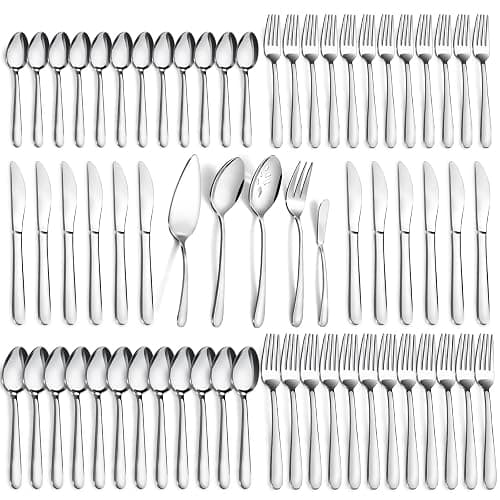 Pleafind 65-Pieces Silverware Set for 12 with 5 Serving Utensils,Stainless Steel Cutlery Set, Include Forks Spoons and Knives Set, Mirror Polished Utensil Sets for Home Restaurant,Dishwasher Safe - Image 1