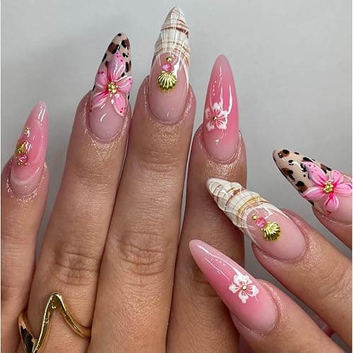 QQPPOLIU Long Almond Press on Nails Pink Press Ons with Floral Designs Summer Full Cover Nails Stiletto for Women Prom and Party 24PCS thumbnail 2