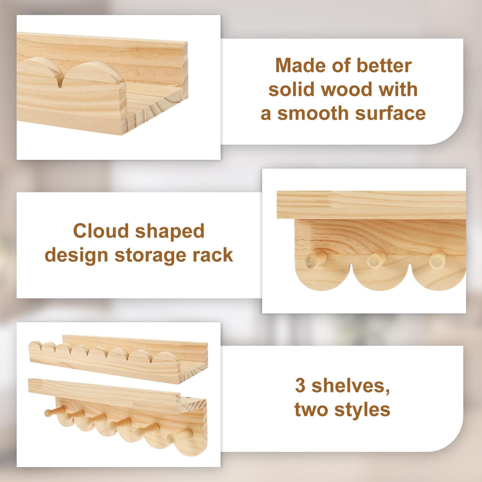 3Pcs Floating Wall Shelves, Scalloped Edge Wooden Shelves for Nursery & Toddler Room, Strong Load Bearing Storage Display Shelf for Living Room, Bedroom, Bathroom (Burlywood) thumbnail 4