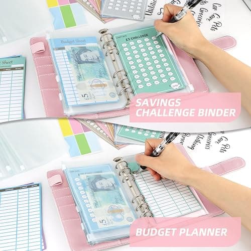 2 in 1 Budget Planner, A6 Money Saving Wallet with 7 Savings Challenge Trackers, Budget Binder with 12 Cash Envelopes and 12 Expense Sheets, Cash Stuffing Money Organiser Book for Travel Diary, Pink thumbnail 2