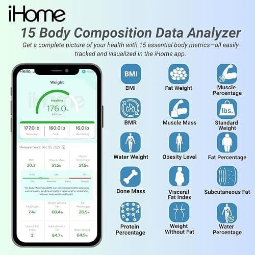 iHome Digital Bluetooth Smart Scale for Body Weight, Weight Scale, Including BMI, Body Fat, Muscle Mass, Batteries Included (Black Smart Bluetooth) thumbnail 3