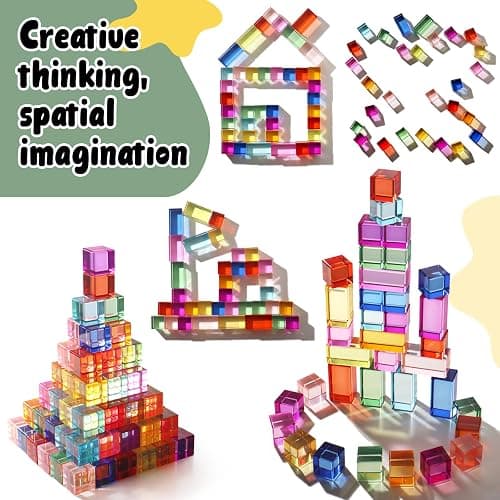 30 Pcs Mixed Acrylic Blocks Set - 10 Long (2.5x2.5x5CM) + 20 Cube (2.5x2.5x2.5CM) Rainbow Gem Blocks, Sensory Stacking Toy for 1 2 3 4 Years Old, Boys Girls Gift with Rich Building Possibilities thumbnail 6