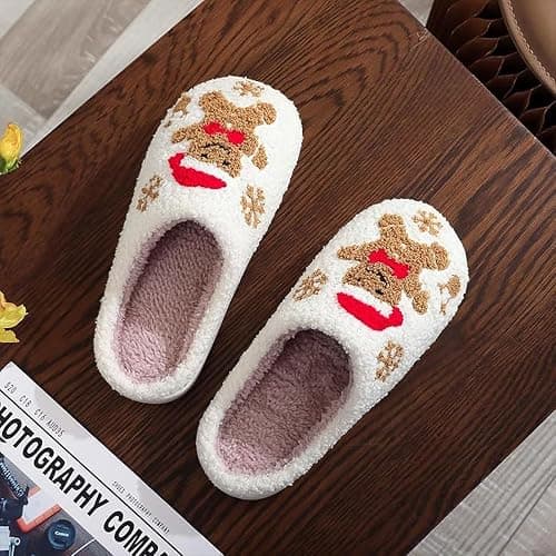 Gingerbread Man Christmas Slippers for Women Men, Cute Fuzzy House Slippers, Cozy Warm Plush Indoor Slippers, Non-slip Soft Winter Holiday Slippers, White Fluffy Xmas Slippers, Christmas Gift Slippers for Adults thumbnail 6