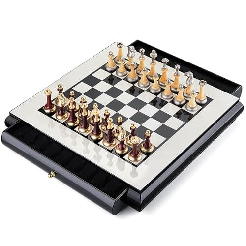 AMEROUS 16 Inches Wooden Chess Set, Large Size Board with 2 Built-in Storage Drawers - 2 Extra Queens - Metallic & Wooden Chess Pieces - Gift Packaging, Board Games for Adults and Kids - Image 1
