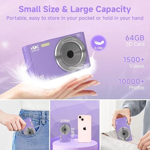 Digital Camera for Teens, FHD 4K 44MP Digital Camera Purple with 64GB SD Card 16X Digital Zoom, Cameras for Photography Compact Point and Shoot Camera for Teen Boys Girls Kids Camera Digital Purple thumbnail 6